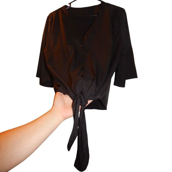 women's x-large solid jet black v-neck button front flowy sleeve blouse - Picture 4 of 6